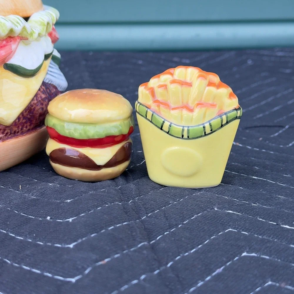 Vintage Ceramic Hamburger Divided Serving Dish with Fry & Burger Shakers Set